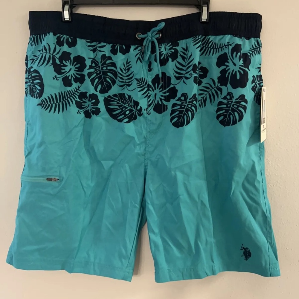 U.S. Polo Assn Mens Size XL Teal Leaf Swim Suit Trunks With Pocket NWT